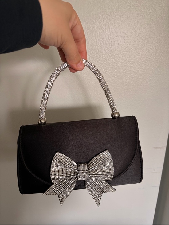 Handbags - Elegant Black Evening Handbag with Crystal Bow Accent